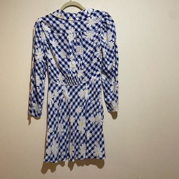 Rixo 2 Renata Blue Gingham Daisy Floral Collared Long Sleeve Mini Dress Retro - Picture 9 of 12